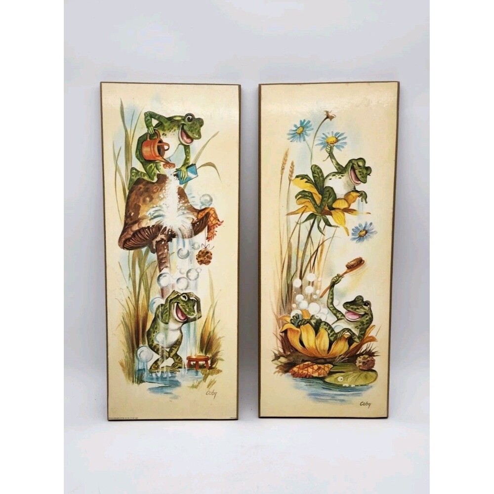 Vintage 1979 Frog Wall Art Signed by Coby. Bathroom Decor Pressed Wood.